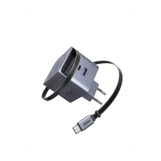 Kućni punjač UGREEN, 45W, USB C, USB A, s uvlačnim kabelom, sivi Kućni punjač UGREEN, 45W, USB C, USB A, s uvlačnim kabelom, sivi