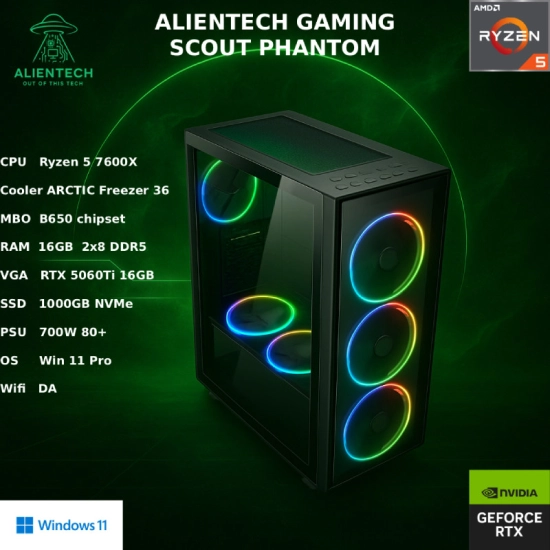 Računalo gaming ALIENTECH Scout Phantom, Ryzen 5 7600X, 16GB, 1TB SSD, GeForce RTX 5060 Ti, Windows 11P