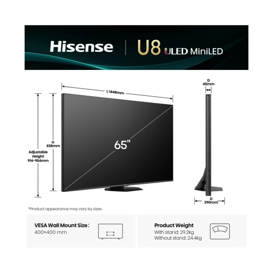 Televizor Mini LED 65incha HISENSE 65U8Q, VIDAA OS, 4K UHD, DVB-T2/C/S2, HDMI, WiFi, Bluetooth, RJ45, USB C, Energetska oznaka E
