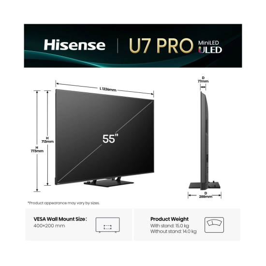 Televizor Mini LED 55incha HISENSE 55U7Q PRO, VIDAA OS, 4K UHD, DVB-T2/C/S2, HDMI, WiFi, Bluetooth, RJ45, USB A, Energetska oznaka E