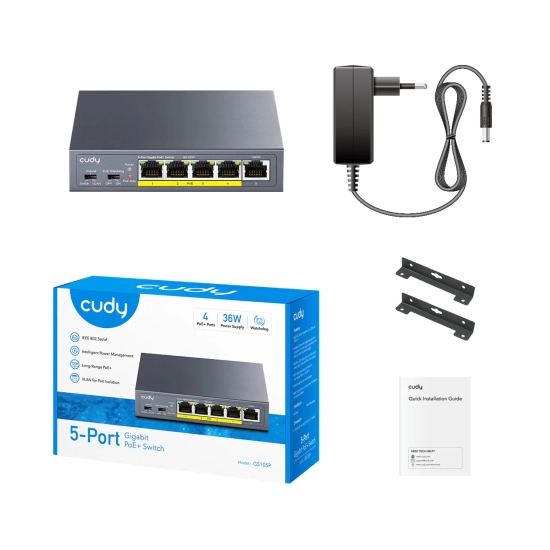 Switch CUDY GS105P 1.0, 5-portni, RJ45, 4x Poe+, sivi