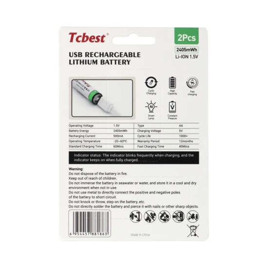 Baterija punjiva LI-ION USB C TCBEST, 1600mAh, R6 AA, USB C, 2 komada