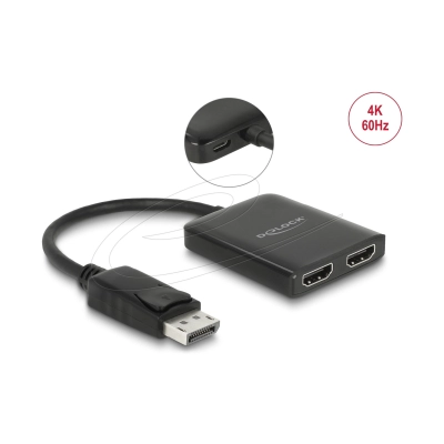 Adapter DELOCK, DisplayPort 1.4 (M) na 2x HDMI (Ž), 0.2m, crni - DeLock Adapter DELOCK, DisplayPort 1.4 (M) na 2x HDMI (Ž), 0.2m, crni - DeLock