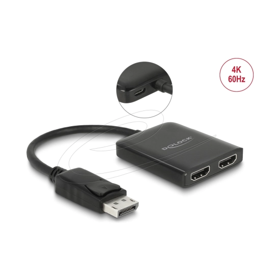 Adapter DELOCK, DisplayPort 1.4 (M) na 2x HDMI (Ž), 0.2m, crni