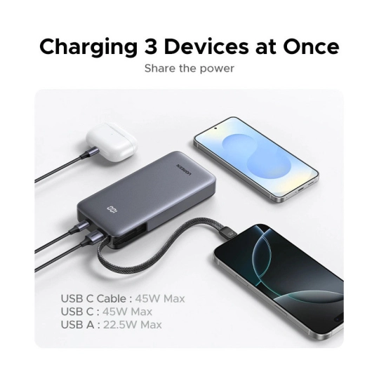 Prijenosno napajanje powerbank UGREEN, 20.000 mAh, 2x USB C, USB A, kabel USB C, 45W, sivo Prijenosno napajanje powerbank UGREEN, 20.000 mAh, 2x USB C, USB A, kabel USB C, 45W, sivo