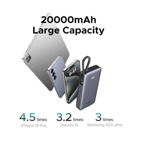 Prijenosno napajanje powerbank UGREEN, 20.000 mAh, 2x USB C, USB A, kabel USB C, 45W, sivo Prijenosno napajanje powerbank UGREEN, 20.000 mAh, 2x USB C, USB A, kabel USB C, 45W, sivo