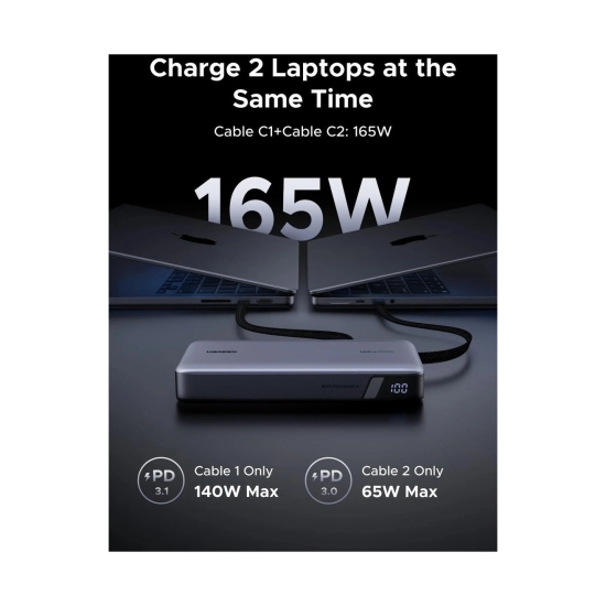 Prijenosno napajanje powerbank UGREEN, 25.000 mAh, USB C, USB A, 2x kabel USB C, 165W, sivo