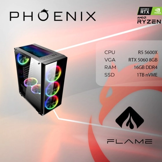 Računalo gaming PHOENIX FLAME X-543, Ryzen 5 5600X, 16GB, 1TB SSD, GeForce RTX 5060, NoOS