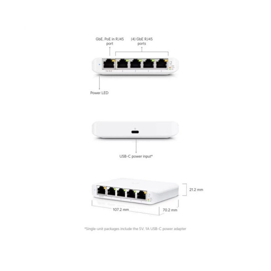 Switch UBIQUITI USW-Flex-Mini, 5-portni, RJ45, 1x Poe, USB C, bijeli Switch UBIQUITI USW-Flex-Mini, 5-portni, RJ45, 1x Poe, USB C, bijeli