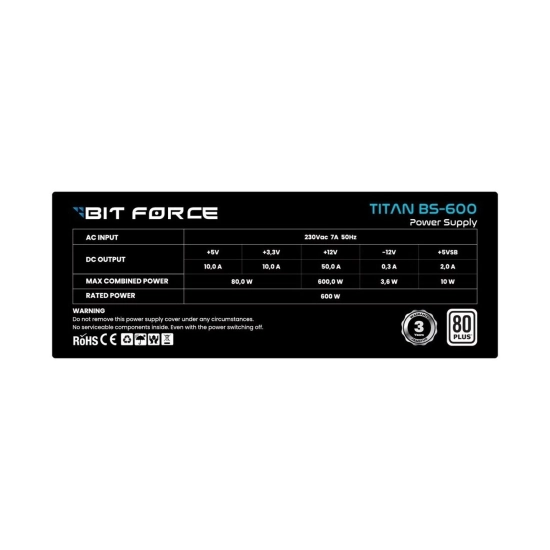 Napajanje 500W, BIT FORCE TITAN BS-500, 80+ Standard, 120mm ventilator Napajanje 500W, BIT FORCE TITAN BS-500, 80+ Standard, 120mm ventilator