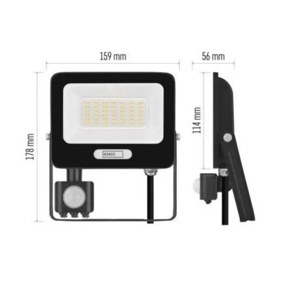 Reflektor LED EMOS GLARO PIR ZS2334B, 30W, 4000K, 3000lm, IP54, crni