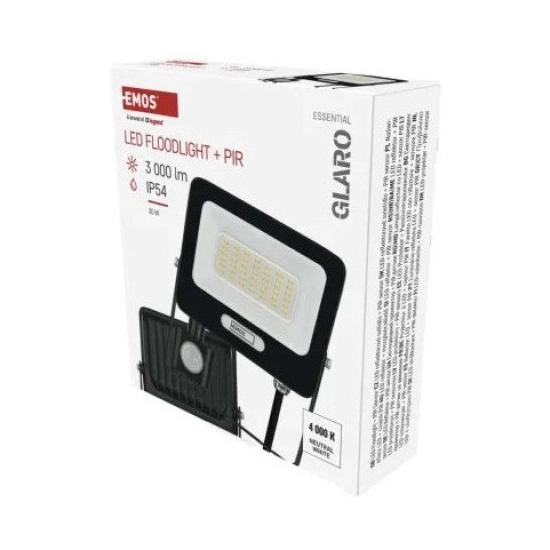 Reflektor LED EMOS GLARO PIR ZS2334B, 30W, 4000K, 3000lm, IP54, crni