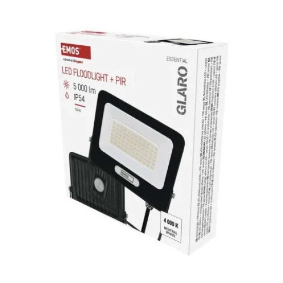 Reflektor LED EMOS GLARO PIR ZS2344B, 50W, 4000K, 5000lm, IP54, crni