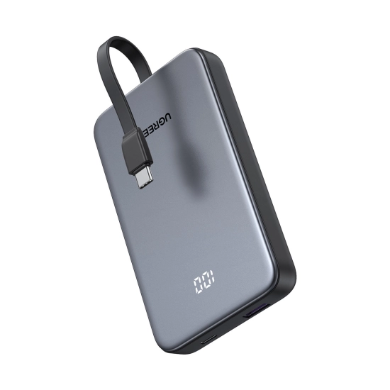 Prijenosno napajanje powerbank UGREEN, 10.000 mAh, USB C, USB A, integrirani USB C kabel, Power Delivery 2.0, Quick Charge 3.0, crno