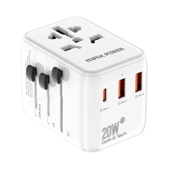 Putni adapter MAXPOWER 635DQ Gan, 1X PD Type C + 2X USB A, 20W, bijeli Putni adapter MAXPOWER 635DQ Gan, 1X PD Type C + 2X USB A, 20W, bijeli
