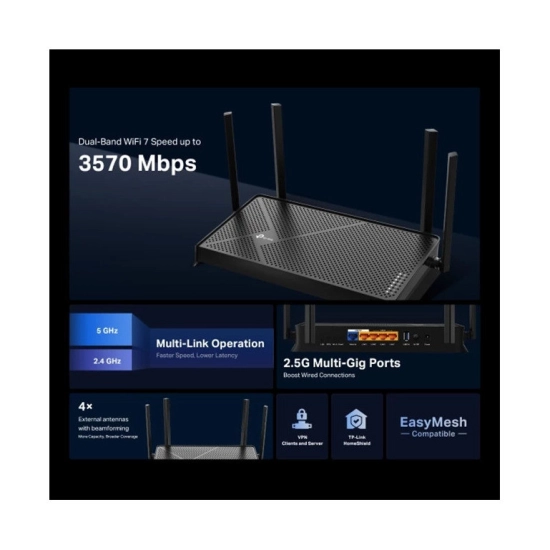 Router TP-LINK Archer BE3600, WiFi 7, 2-portni, RJ45, crni