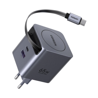 Kućni punjač UGREEN X615, 65W, USB C, USB A, USB C kabel na izvlačenje, GaN, sivi