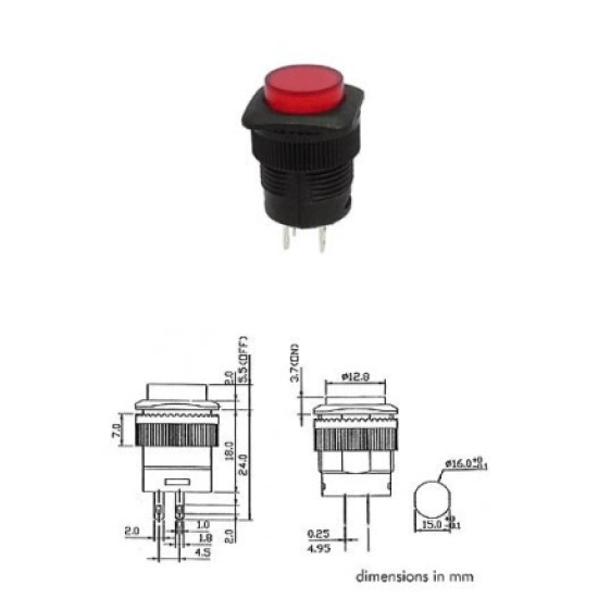 Taster crveni  LED, ZA ŠASIJU  18x18 mm