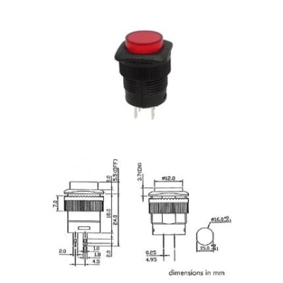 Taster crveni  LED, ZA ŠASIJU  18x18 mm   - Prekidači i tasteri