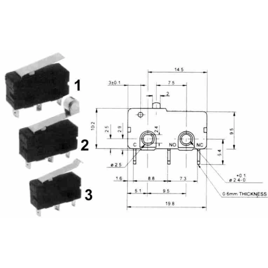 Mikroprekidač 5A sa kotačićem mali 20x10 mm