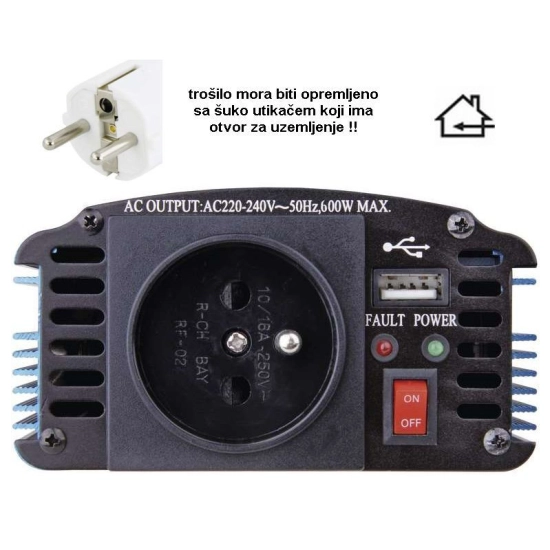 Adapter 12V > 220V  800/400 W, sinusni napon, USB A, utičnica sa pinom, CarSPA P400