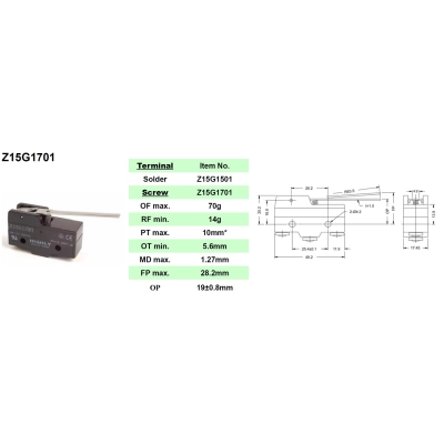 MIKROPREKIDAČ Z15G1701 50*30 mm,poluga 63 mm   - Prekidači i tasteri