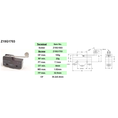 MIKROPREKIDAČ Z15G1503 50*30 mm, sa kotačićem   - Prekidači i tasteri