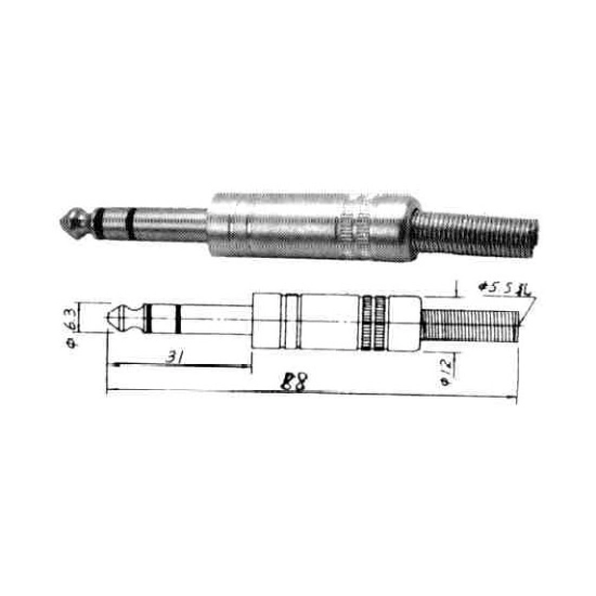 Konektor 6.35mm TRS (M) za kabel, pozlaćeni
