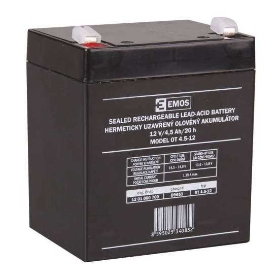Baterija akumulatorska EMOS B9653 12V 4.5Ah F4.8 90x70x101 mm Baterija akumulatorska EMOS B9653 12V 4.5Ah F4.8 90x70x101 mm