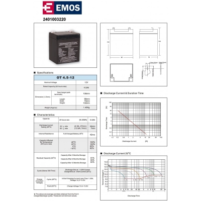 Baterija akumulatorska EMOS OT 4.5-12, 12V, 4.5Ah, 90x70x101 mm   - EMOS